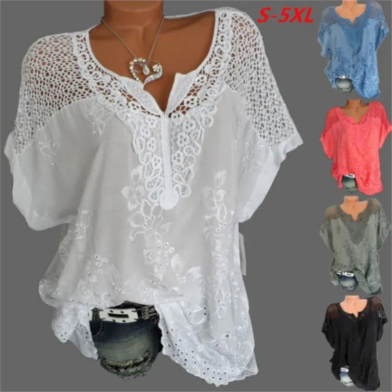Moda Verão Feminina Blusa com Renda e Decote