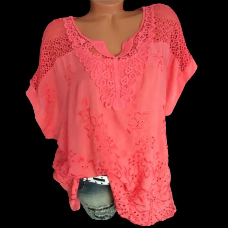 Moda Verão Feminina Blusa com Renda e Decote