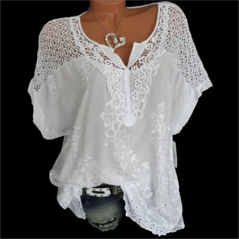 Moda Verão Feminina Blusa com Renda e Decote