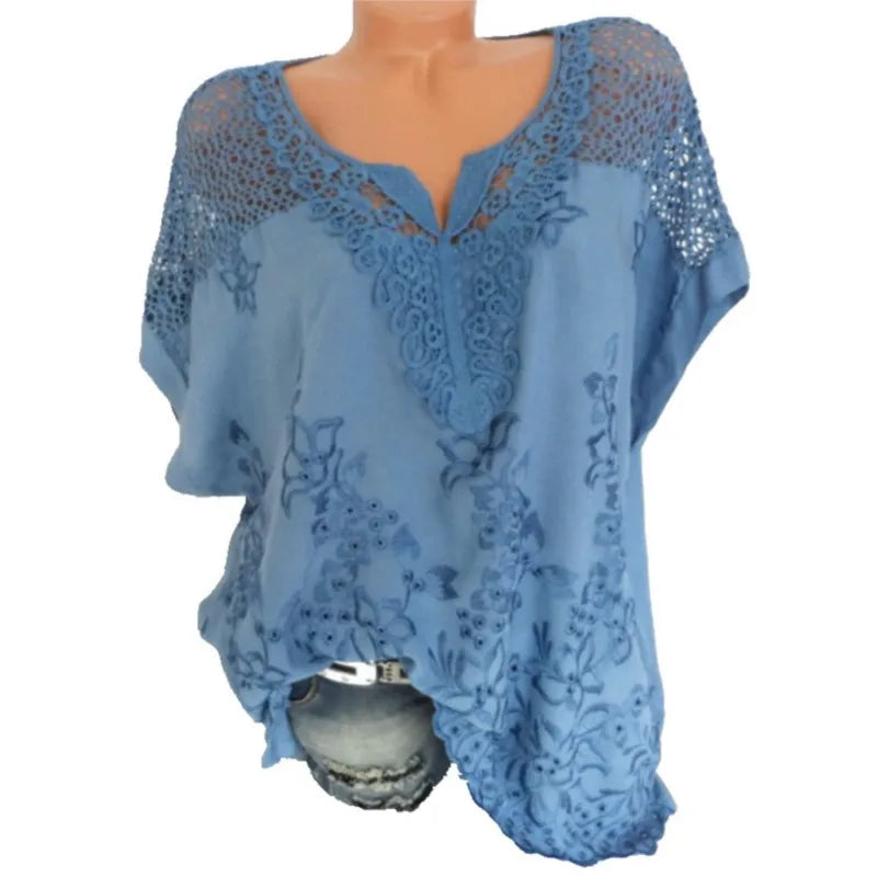 Moda Verão Feminina Blusa com Renda e Decote