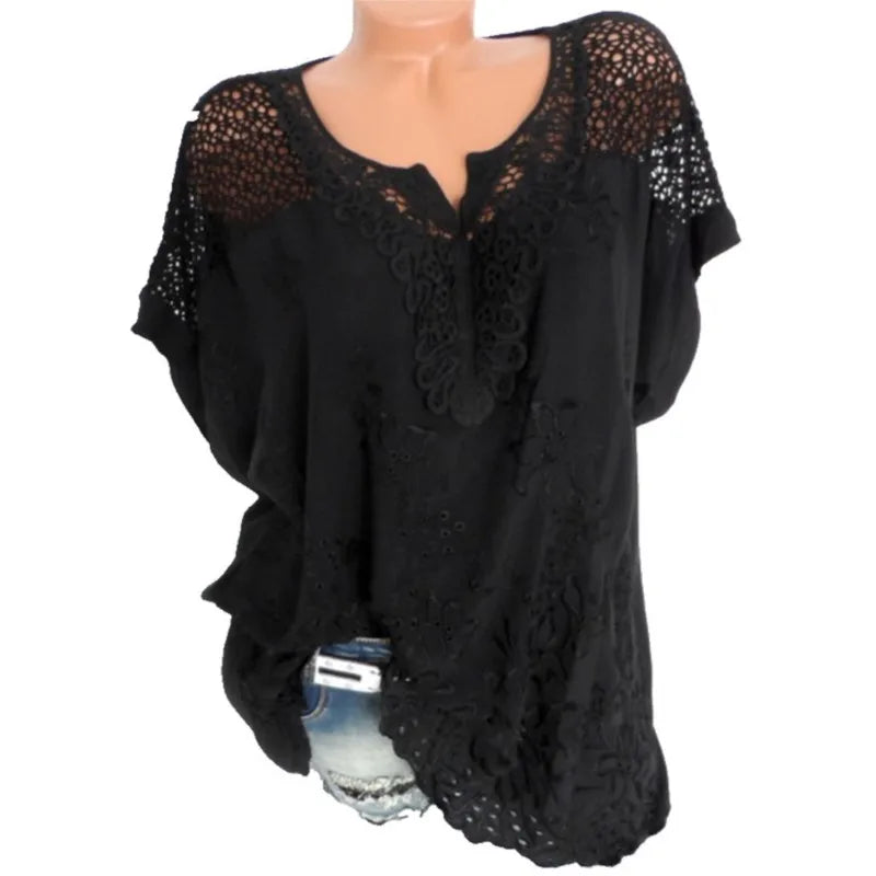 Moda Verão Feminina Blusa com Renda e Decote
